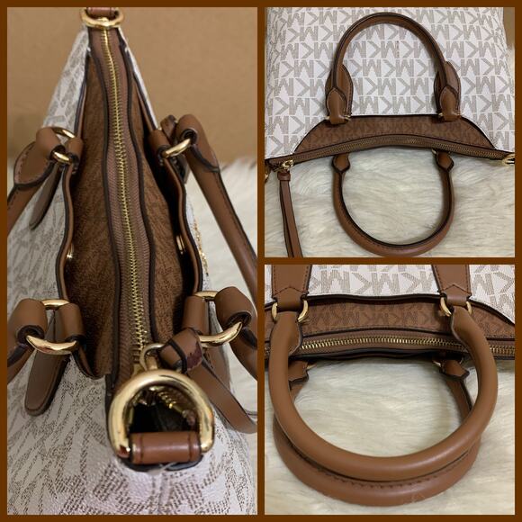 MICHAEL KORS AUSTEN Vanilla & Acorn Brown Leather Logo Satchel with XBody Strap - Picture 4 of 16